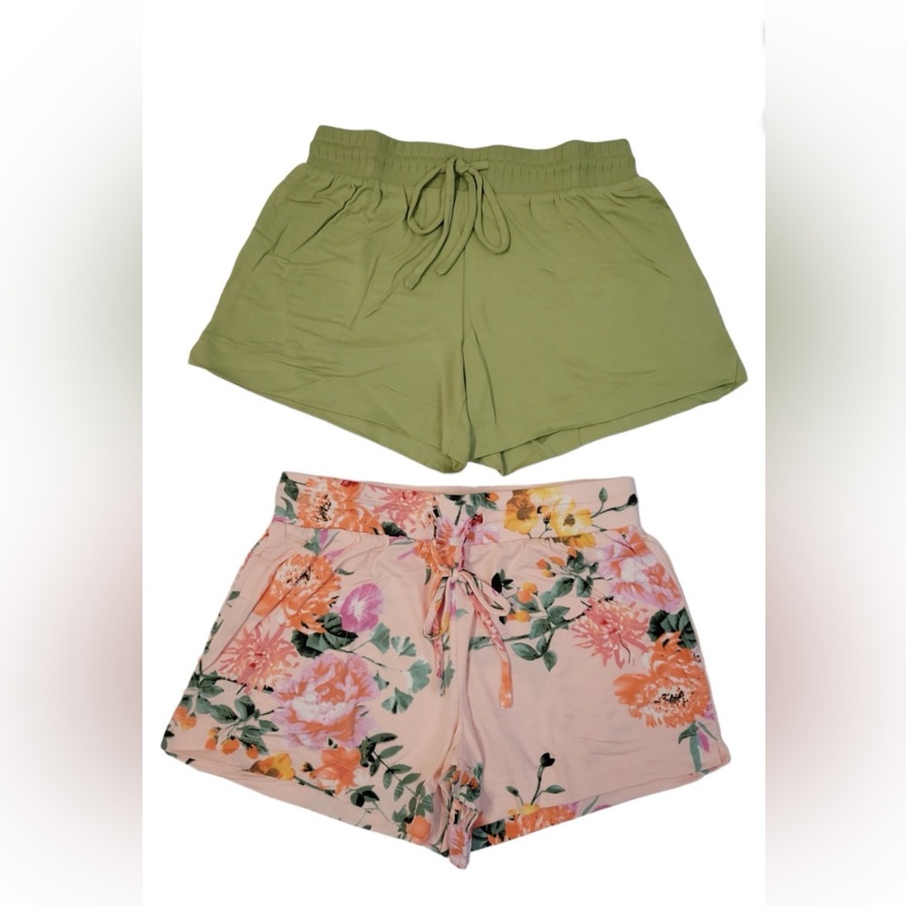 Flora Women's Soft Drawstring Lounge Sleep Shorts, 2 Pack (PinkFloral/Green,Sz M